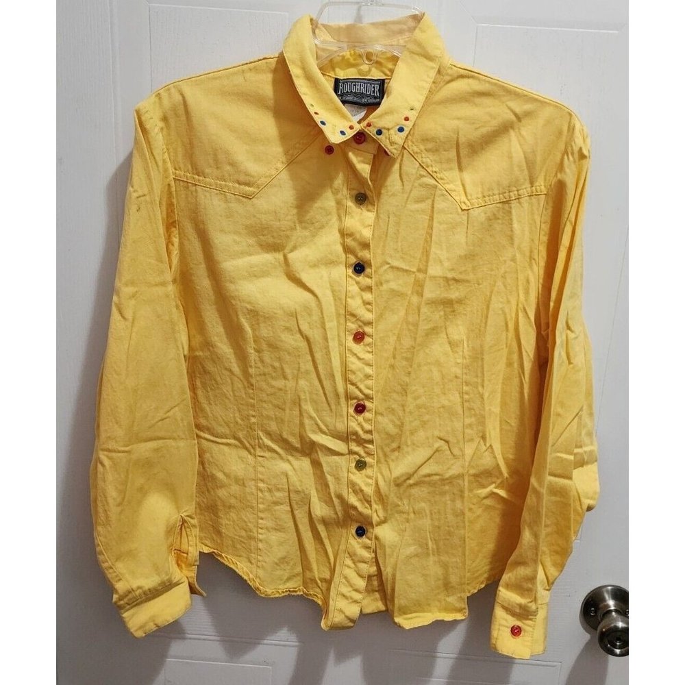 Vtg Roughrider by Circle T Women's Button Up Blouse Western Solid Yellow Size XL